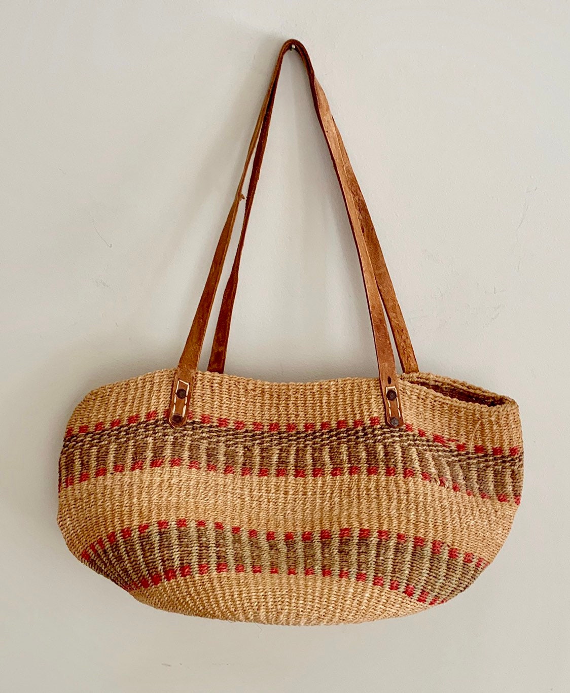 80s Sisal Tote Bag Vintage Straw Purse Leather Straps Beige Brown Beach ...