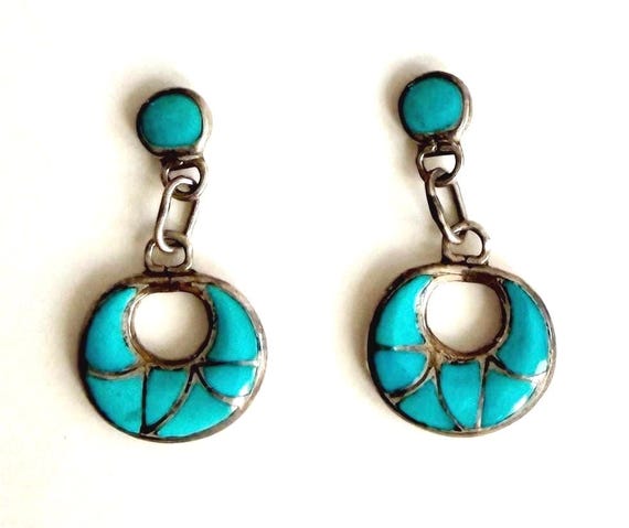 Vintage Zuni Turquoise Earrings Signed Handmade Sterling Silver Flush Mosaic Inlay Stones