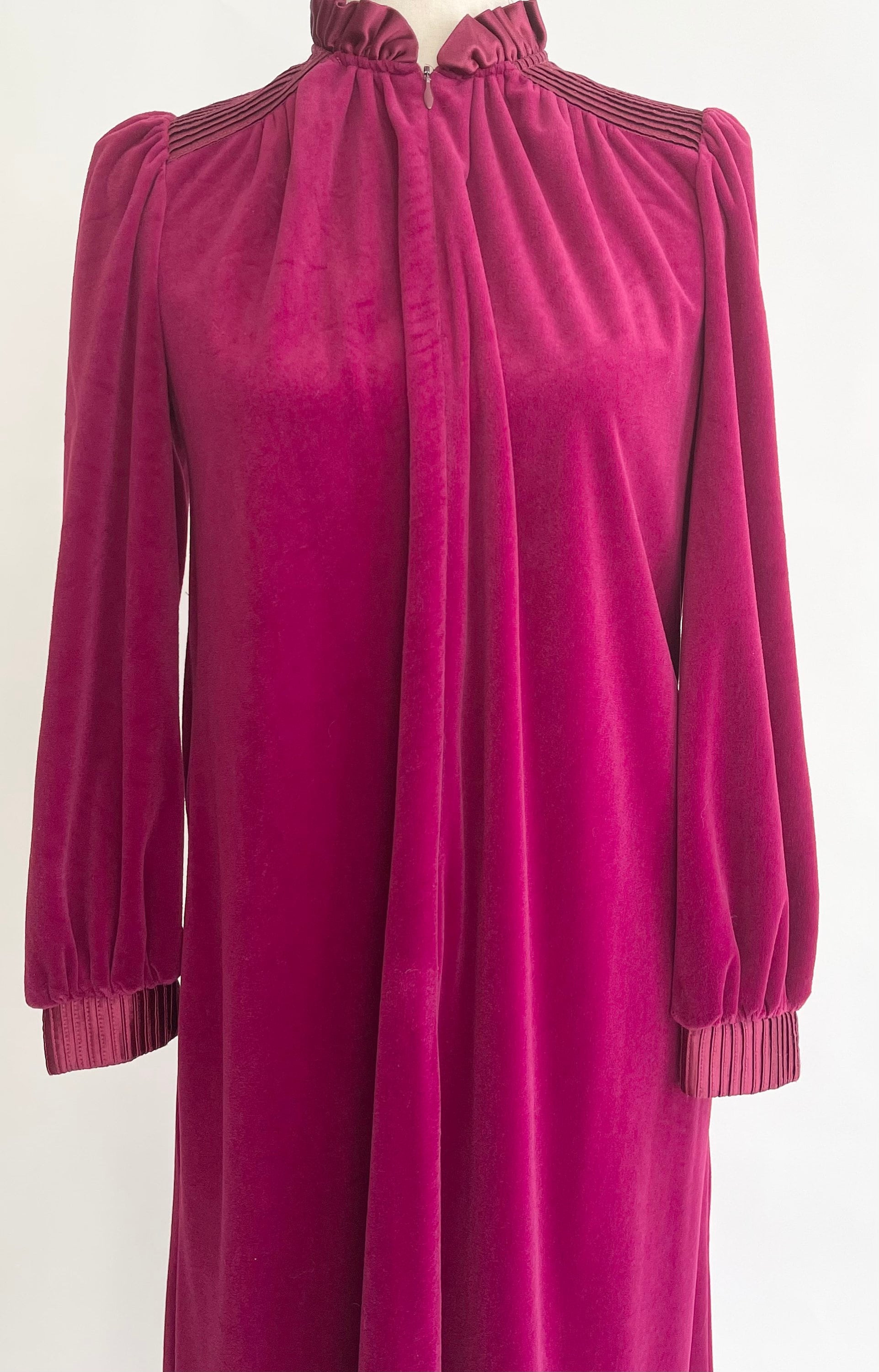 Wine Velour Dressing Gown Robe Peignoir Vintage 70s Satin Details at