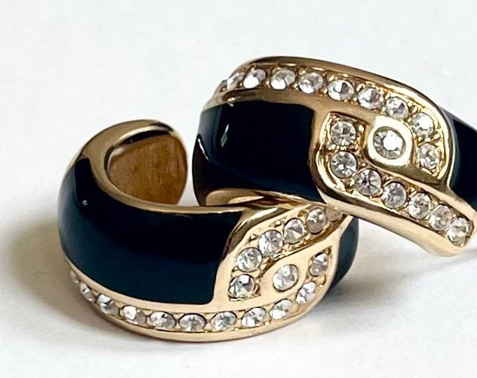 Chunky Swarovski Gold Earrings Hoop Earrings Half Hoops Vintage 80s Black Enamel Clear Crystal Geometric Designer Swan Hallmarked