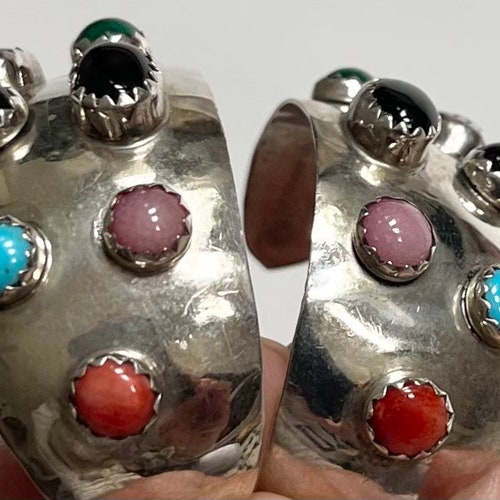 Gorgeous Jeweled Navajo Hoop Earrings Half Hoops shops Turquoise Gemstone Encrusted Sterling Silver Hoops Native American Handcrafted