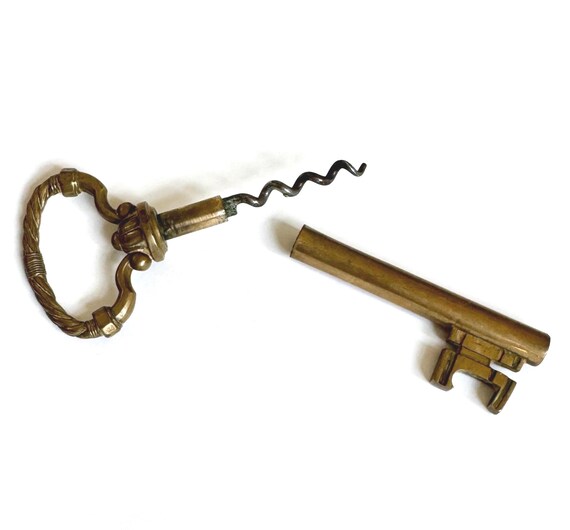 Vintage Brass Skeleton Key Corkscrew Bottle Opener Paris France Flea Market Find