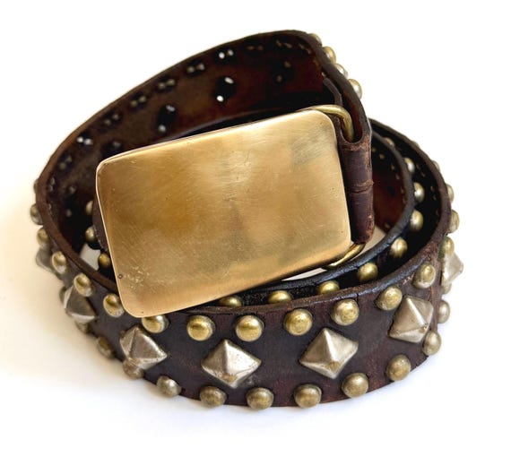 Heavily Studded Vintage 70s Belt Solid Brass BTS Buckle Handmade Aged Brown Leather Strap with Studs