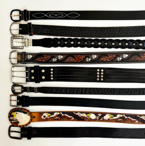 Vintage Western Leather Belt Vintage Black Dark Espresso Brown Tooled Acorn Eagle Ostrich Studded Cowboy Mens Women's Belts