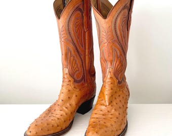 Vintage Larry Mahan Western Cowboy Boots Tan Brown Full Ostrich Quill and Leather