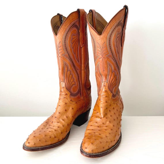 Vintage Larry Mahan Western Cowboy Boots Tan Brown Full Ostrich Quill and Leather