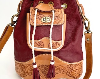 Vintage Tooled Leather Bucket Bag: Western Oxblood & Tan Purse