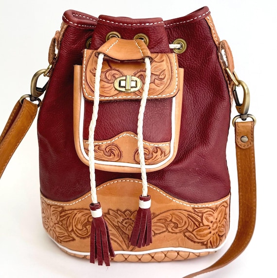 Tooled Leather Bucket Bag Purse Vintage Western Handmade Oxblood Tan Brown Purse Drawstring Closure Adjustable Strap
