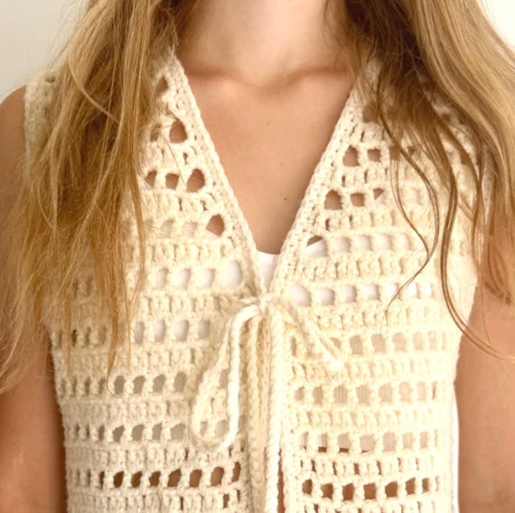 Vintage Crochet Tunic Vest Tie Front Hand Knit Cream White Handmade Vintage Folk Peasant Hippie Boho Bohemian Festival Style