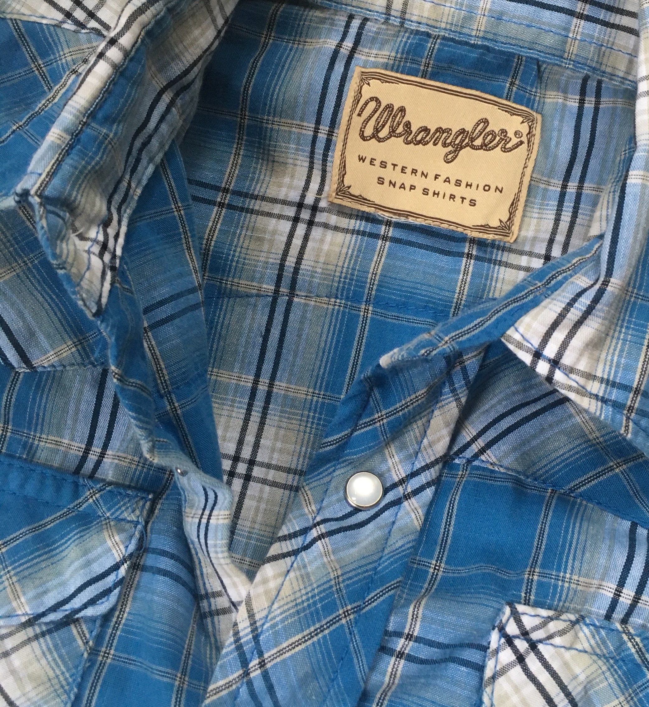 Boys Wrangler Western Shirt Pearlized Snaps Vintage 80s Blue Plaid ...