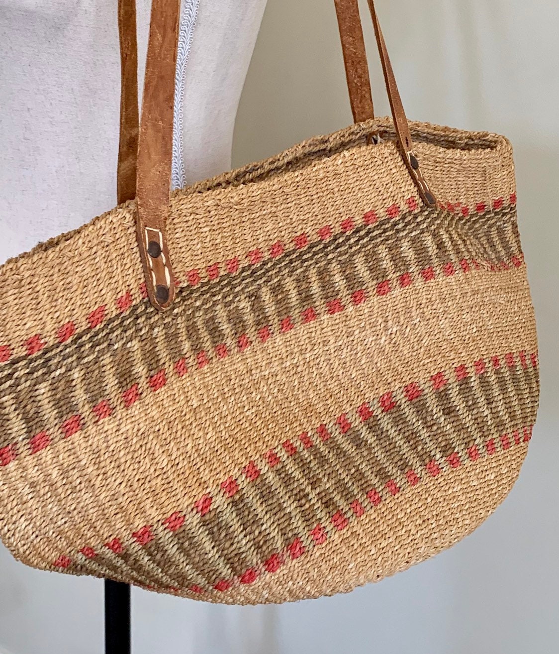 80s Sisal Tote Bag Vintage Straw Purse Leather Straps Beige Brown Beach ...