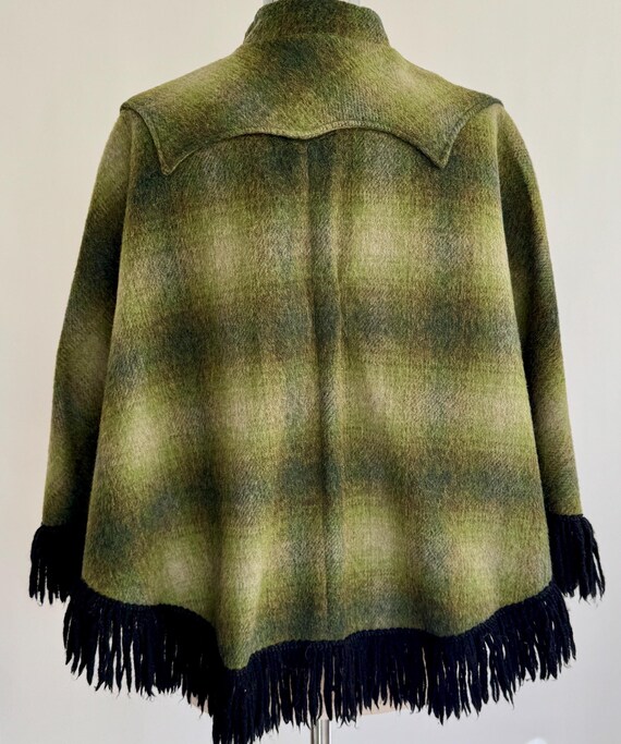 70s Plaid Wool Cape Poncho Tregos Westwear Vintage Black Dark Olive Green Fringe Hem Western Cowboy Outerwear Topper