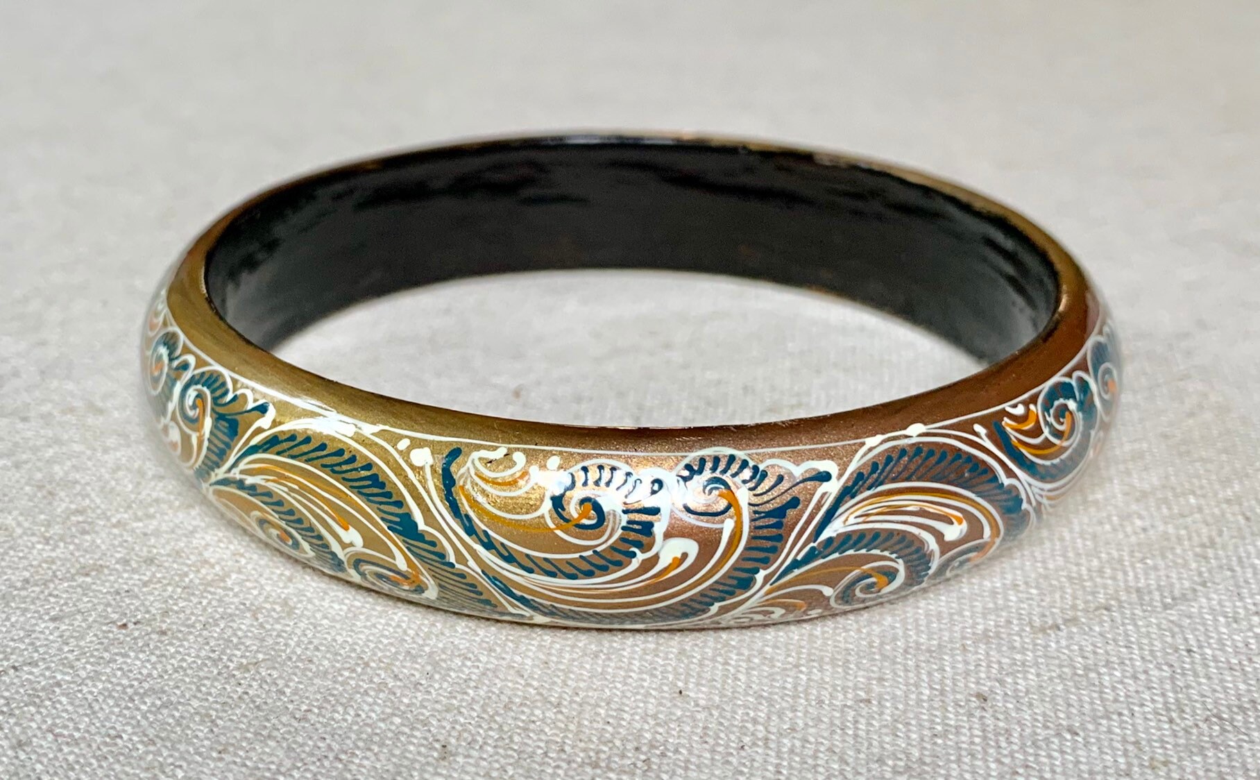 Three Lacquered Wood Bangle Bracelets Hand Painted Floral Paisley