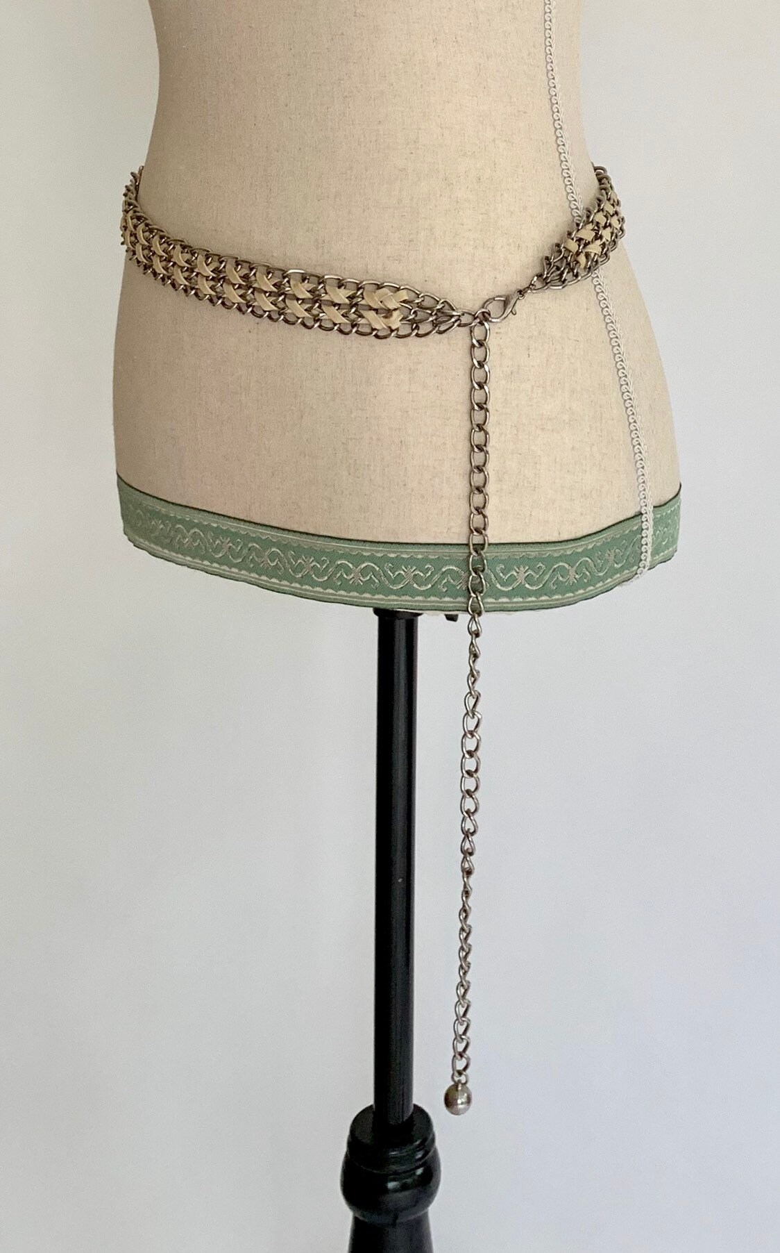 80s Silver Chain Belt Vintage Belts Adjustable Length Link Rock and Roll Faux White Leather