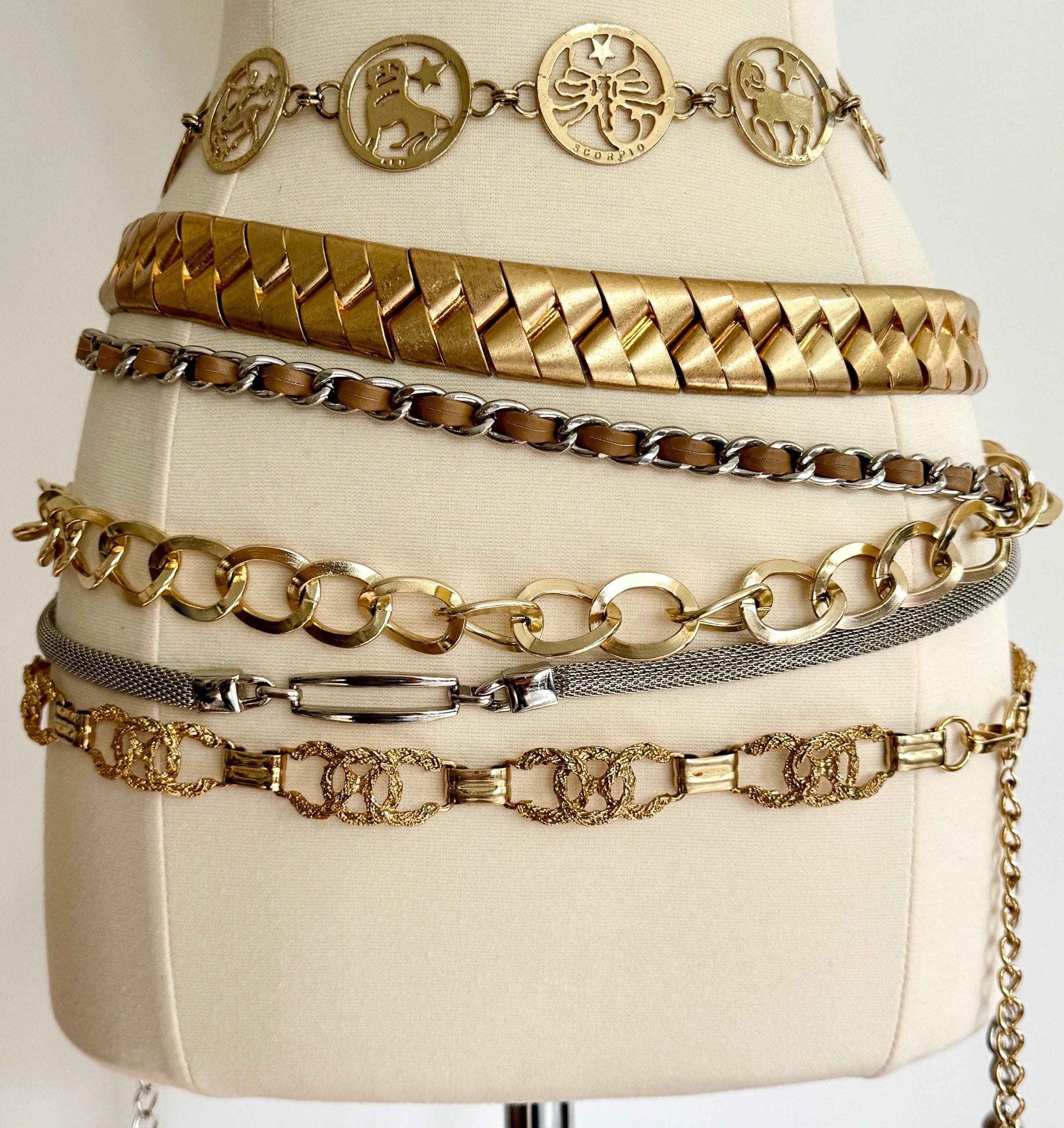 Vintage Chain Link Belt Low Slung Waist Belt Vintage 80s Gold Silver Tone Metal Zodiac Astrological Wide Skinny
