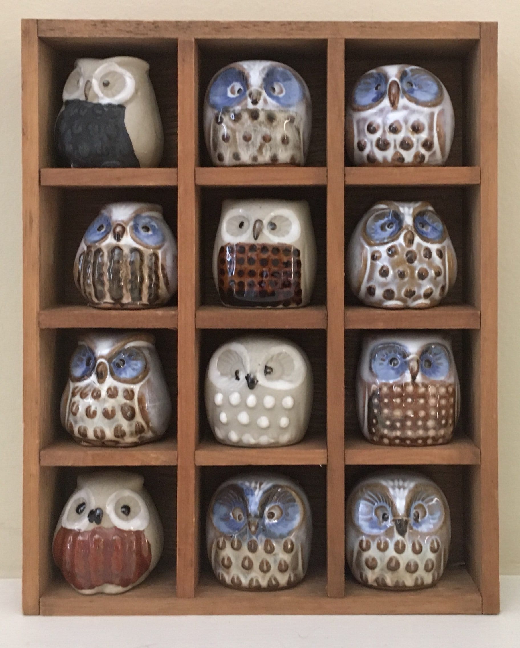 70s Mexican Pottery Owl Figurines Set of 12 in Shadow Display Box