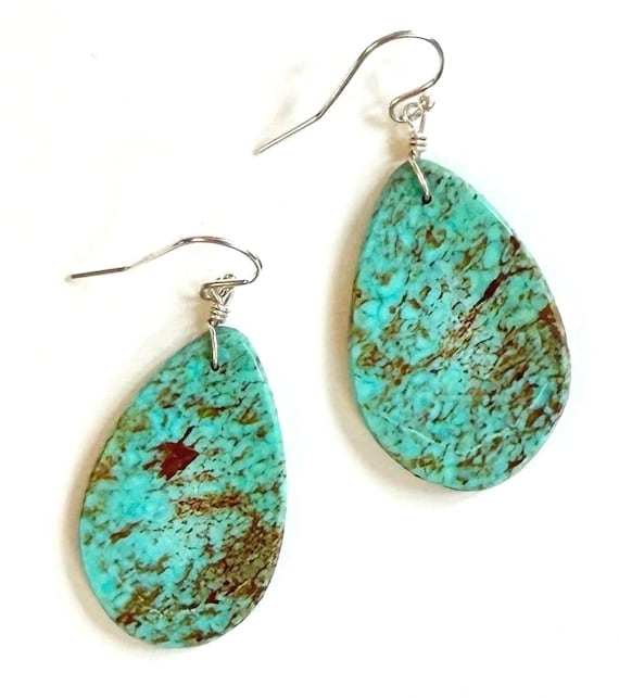 Vintage Turquoise Slab Dangle Earrings Native American Santo Domingo