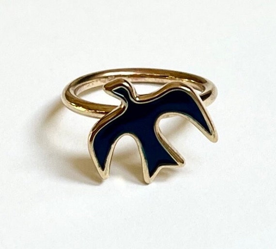 Nina Ricci Bird Ring Vintage 80s 90s French Designer Costume Jewelry Gold Tone Metal Dark Blue Enamel Bird Animal Ring 6.5