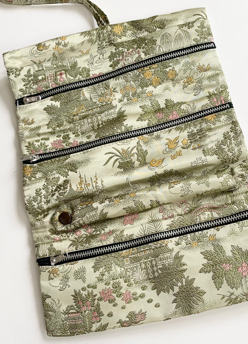 Handmade Silk Jewelry Roll Pouch Bag for Travel Pale Green Chinese Floral Fauna Motif Vintage Taching Hand Made in China