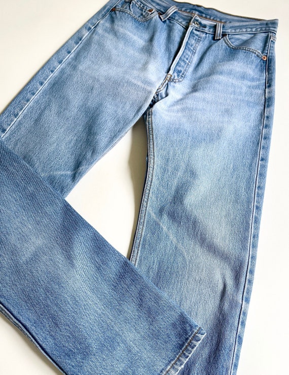 90s Vintage Levi's 501 Jeans Light Wash 5155 All Cotton Button Fly Denim Soft Distressed Worn Womens Mens Pants 30 x 32