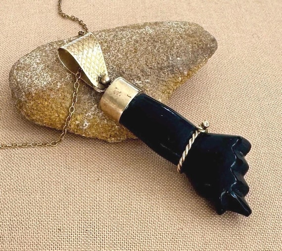 14k Gold Figa Pendant Necklace Vintage Antique Heirloom Victorian Carved Black Onyx Obsidian Hand Fist Mano Fica Good Luck Charm Amulet