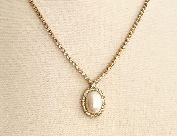 Vintage Monet Necklace 80s 90s Signed Designer Costume Gold Clear Crystal Faux Pearl Oval Pendant