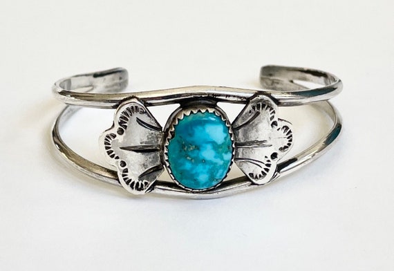 Signed Navajo Turquoise Cuff Bracelet Vintage 60s 70s Sterling Silver Bow Tie Butterfly Setting Oval Turquoise Cabochon