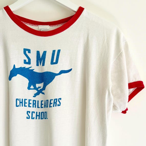 Vintage 70s SMU Cheerleaders Ringer Tshirt Southern Methodist University Mustangs