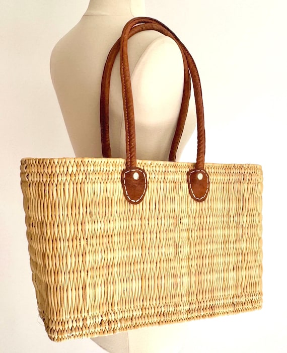 Structured Straw Market Bag Tote Vintage Rectangle Spring Summer Beach Bag Brown Leather Straps