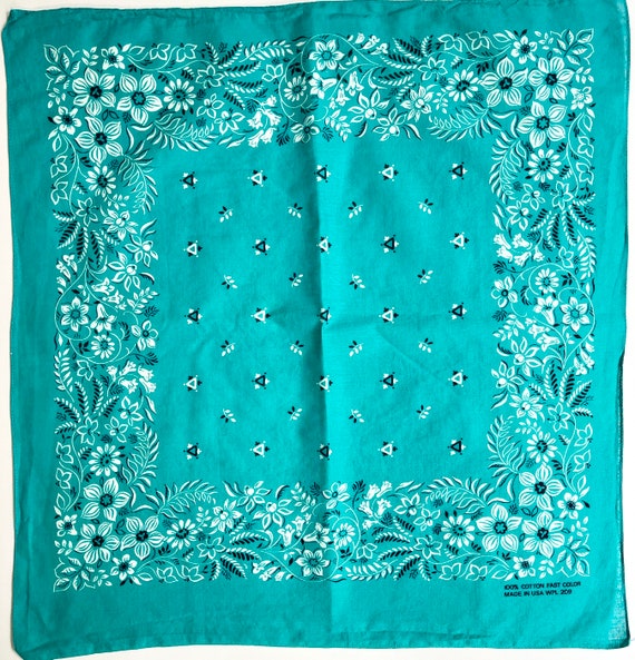 Vintage Turquoise Blue Bandana Vintage 70s Fast Color Made in USA All Cotton Black White Floral Paisley Print