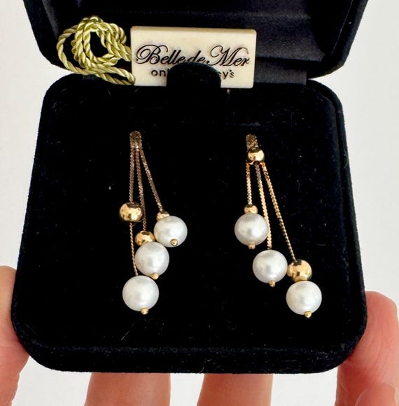 Solid 14K Gold Pearl Earrings Macys Belle de Mer Fine Jewelry Delicate Dainty Chain Gold Pearl Balls Minimalist 1" Dangle Drop Waterfall