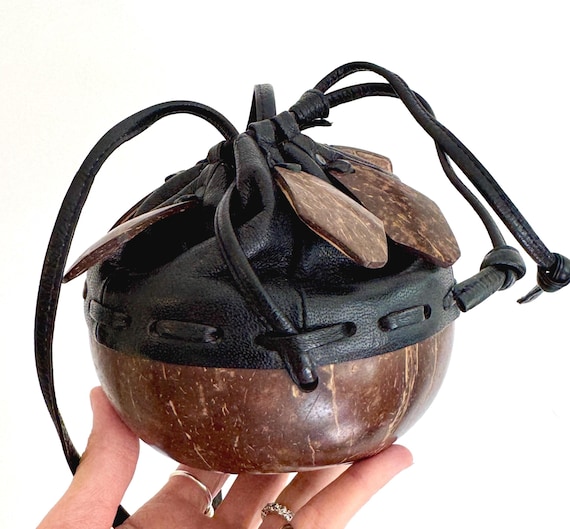 60s Coconut Shell Purse Bag Crossbody Pouch Vintage Island Tropical Spring Summer Hawaiian Beach Style Natural Coconut Wood Black Leather