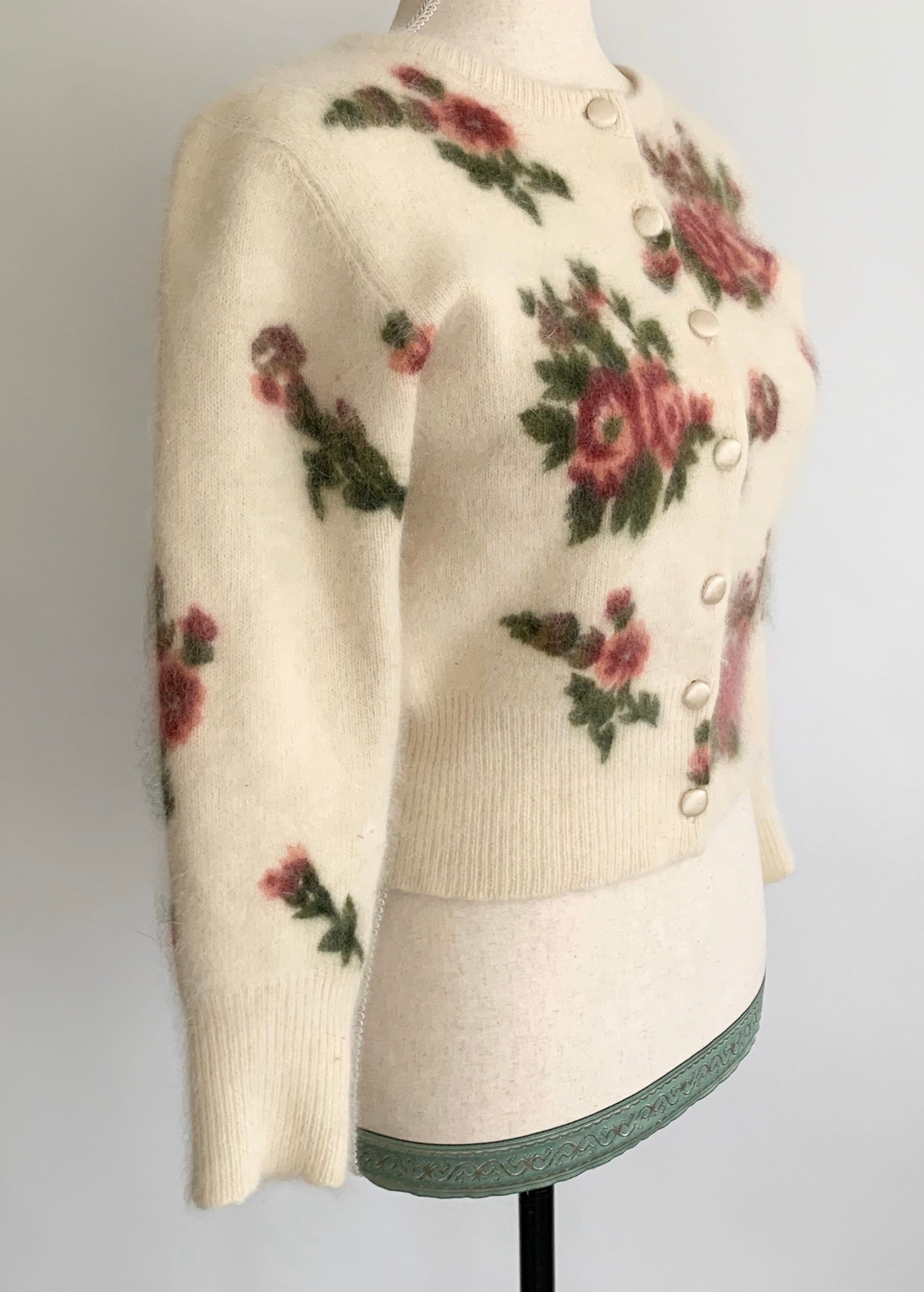 Cropped Angora Cardigan Sweater with Rose Floral Print Vintage 80s ...