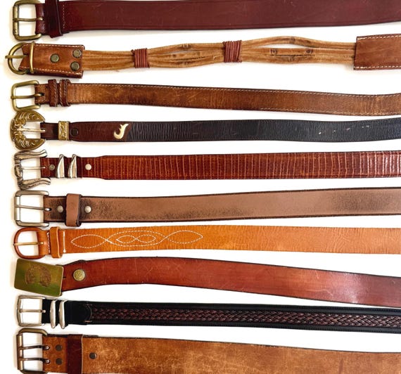 Vintage Brown Leather Belt Worn Aged Rugged Distressed Strap Western Rocker Solid Plain Mens Women's Belts