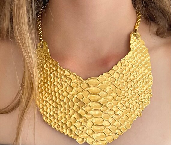 YSL Gold Bib Necklace Vintage 90s Yves Saint Laurent French Designer Costume Jewelry Python Snakeskin Plate YSL Chain Link Closure