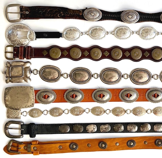 Vintage Concho Belt Brown Leather Strap Western Southwest Cowboy