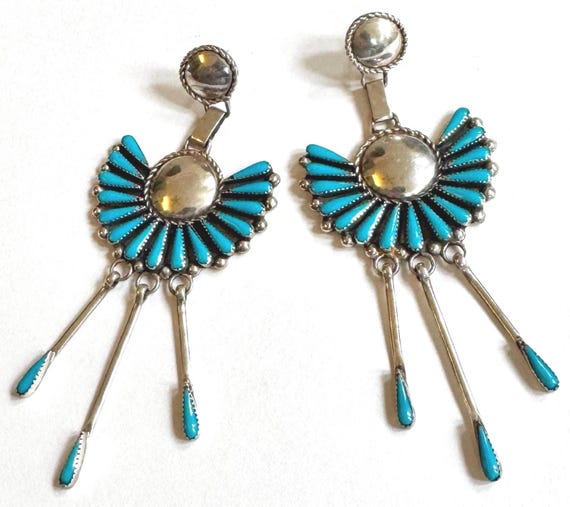 3.5" Long Turquoise Earrings Vintage Native American Sterling Silver Needlepoint Snake Eye Set Stones Dangle Drop Fan Style