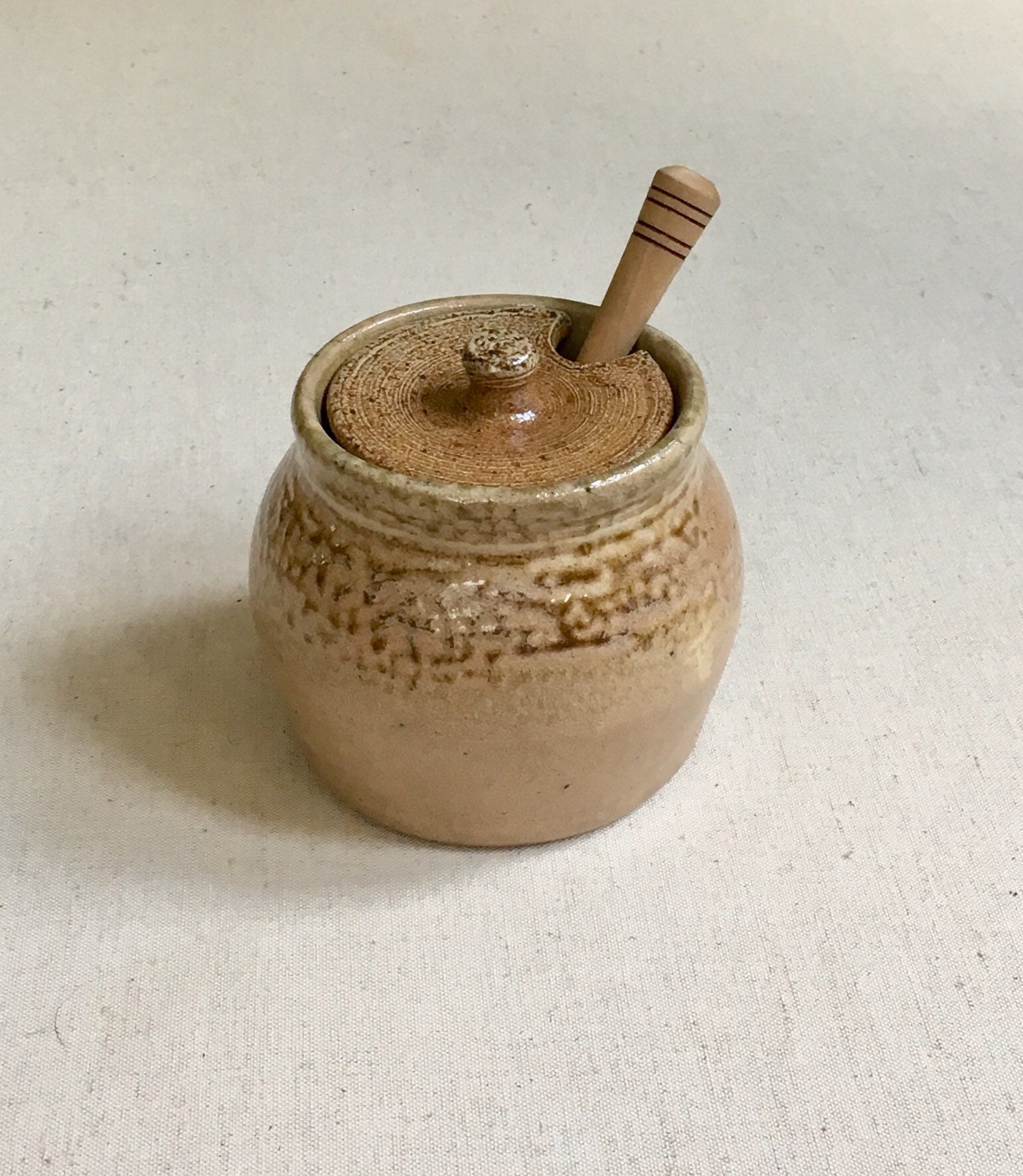 Honey Pot Jar Pottery with Wood Dipper Stamped Signed M Vintage Studio Ceramic Glazed Kitchen Decor