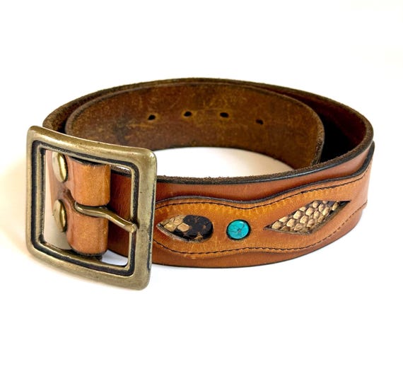 Vintage Western Snakeskin Turquoise Belt Brown Leather Strap