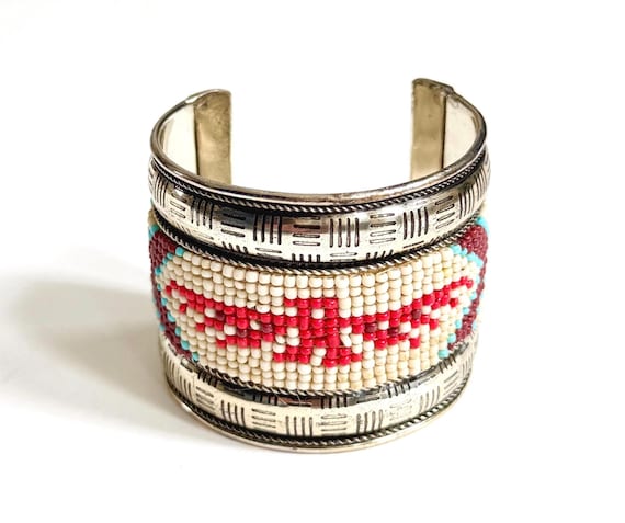 Wide Thunderbird Cuff Bracelet Vintage Native American Seed Beaded Bird
