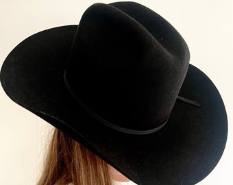 Vintage Black Cowboy Hat Double XX Fur Blend Made in Texas USA by Bailey 70's 80s Vintage Western Hat Structured Black Felt Size 6-7/8