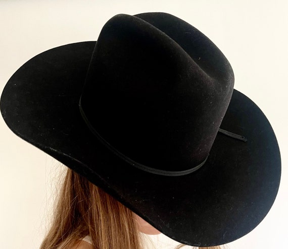 Vintage Black Cowboy Hat Double XX Fur Blend Made in Texas USA by Bailey 70's 80s Vintage Western Hat Structured Black Felt Size 6-7/8