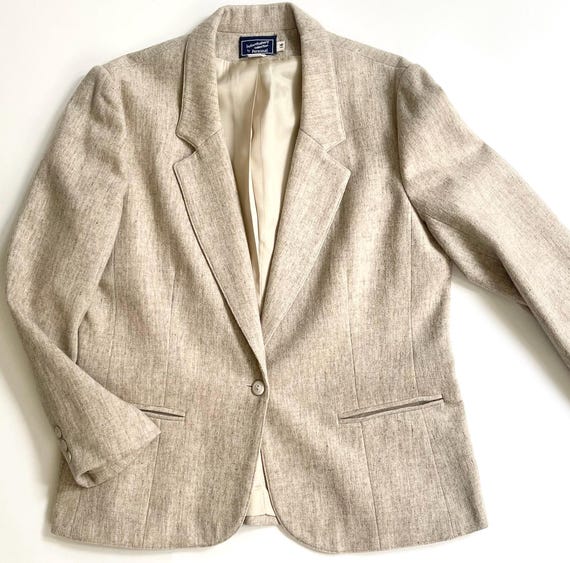 Vintage 70s Wool Blazer Oatmeal Beige Womens Classic Timeless Minimalist Jacket