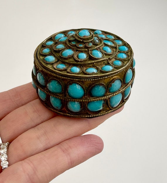 Old Embellished Trinket Box Turquoise Blue Glass Encrusted Worn Aged Vintage Brass Decorative Box Likely Made in India