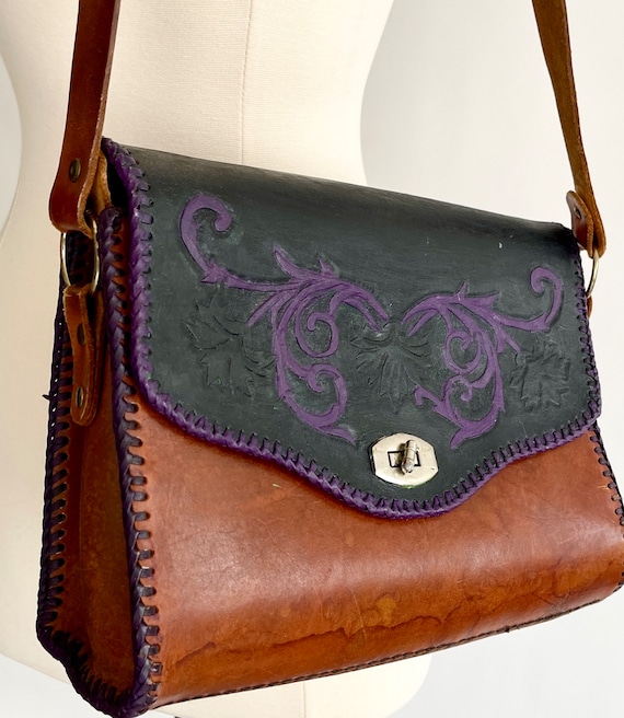 Floral Tooled Leather Bag Purse Vintage 60s 70s H… - image 2