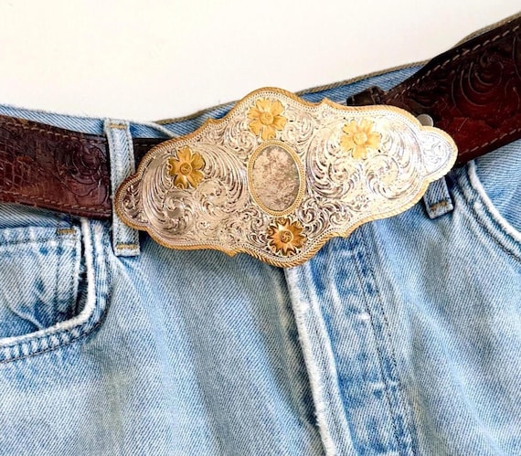 Vintage Western Tooled Leather Trophy Belt Engraved Montana Silversmiths Silver Plate Buckle