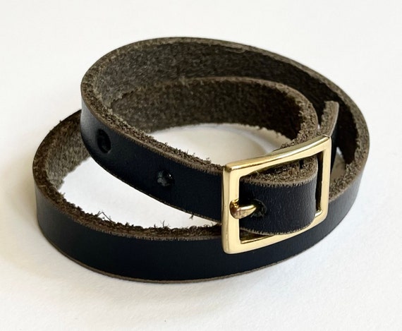 Black Leather Bracelet Cuff Double Wrap Style Handmade Vintage Leather Solid Brass Buckle Closure Repurposed Upcycled Vintage Leather Belt