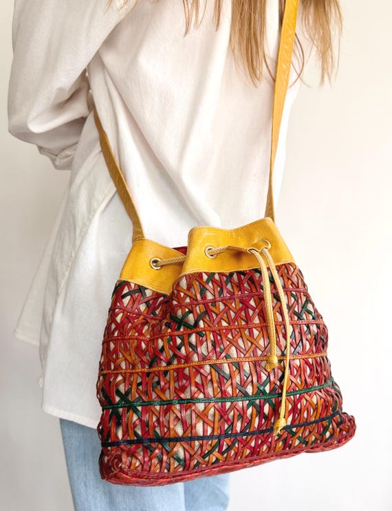 Vintage Sharif Lizard Drawstring Bucket Bag Multicolor Basketweave Leather