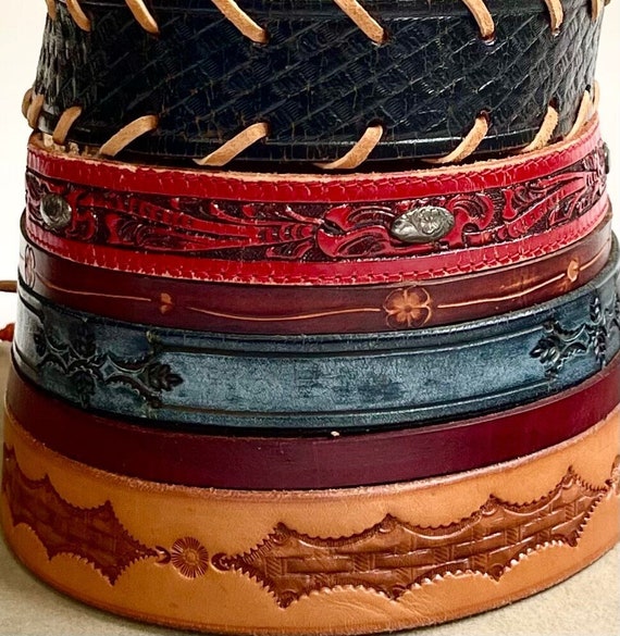 Western Leather Hat Band Cowboy Hat Band Repurposed from Vintage Leather Belts Plain Tooled Black Brown Studded Floral Stamped Upcycled