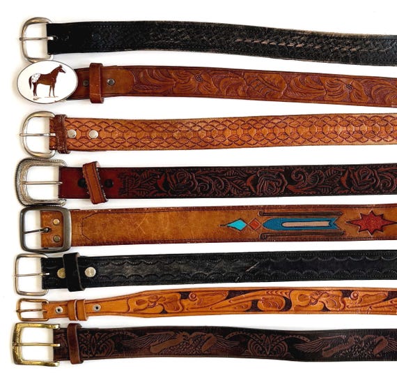 Vintage Tooled Leather Belt Western Cowboy Rugged Distressed Leather Goods Brown Black Belt Strap Buckle Floral Tooling Mens Women's Belts